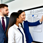 A diverse group of five professional team members, fully clothed in modest business attire, are gathered around a large interactive whiteboard in a modern, brightly lit office. They are actively collaborating, drawing and writing key ethical values and principles to create a 'value map' and team ethics charter. Their expressions are thoughtful and engaged, showing a deep commitment to establishing shared ethical guidelines. The scene emphasizes teamwork and a forward-thinking approach to workplace values. Perfect anatomy, correct proportions, natural pose, well-formed hands, proper finger count, natural body proportions. Safe for work, appropriate content, fully clothed, professional photography, high quality.