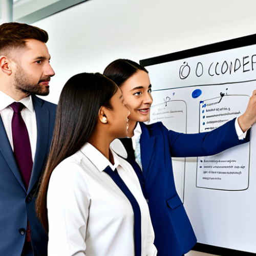 A diverse group of five professional team members, fully clothed in modest business attire, are gathered around a large interactive whiteboard in a modern, brightly lit office. They are actively collaborating, drawing and writing key ethical values and principles to create a 'value map' and team ethics charter. Their expressions are thoughtful and engaged, showing a deep commitment to establishing shared ethical guidelines. The scene emphasizes teamwork and a forward-thinking approach to workplace values. Perfect anatomy, correct proportions, natural pose, well-formed hands, proper finger count, natural body proportions. Safe for work, appropriate content, fully clothed, professional photography, high quality.