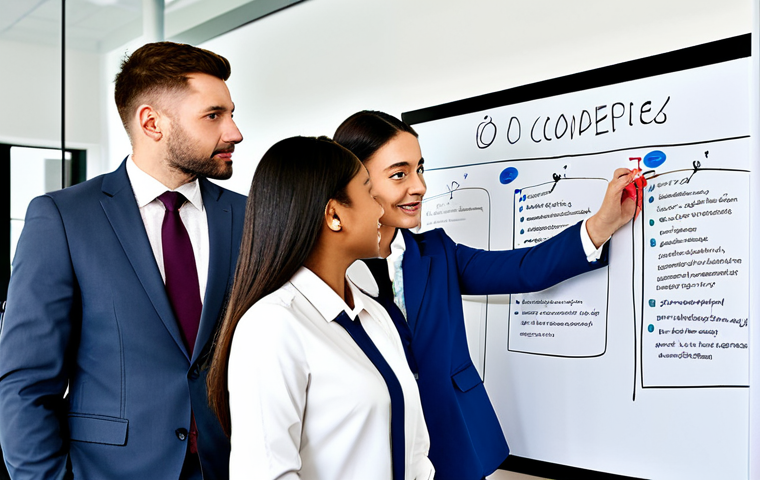 A diverse group of five professional team members, fully clothed in modest business attire, are gathered around a large interactive whiteboard in a modern, brightly lit office. They are actively collaborating, drawing and writing key ethical values and principles to create a 'value map' and team ethics charter. Their expressions are thoughtful and engaged, showing a deep commitment to establishing shared ethical guidelines. The scene emphasizes teamwork and a forward-thinking approach to workplace values. Perfect anatomy, correct proportions, natural pose, well-formed hands, proper finger count, natural body proportions. Safe for work, appropriate content, fully clothed, professional photography, high quality.